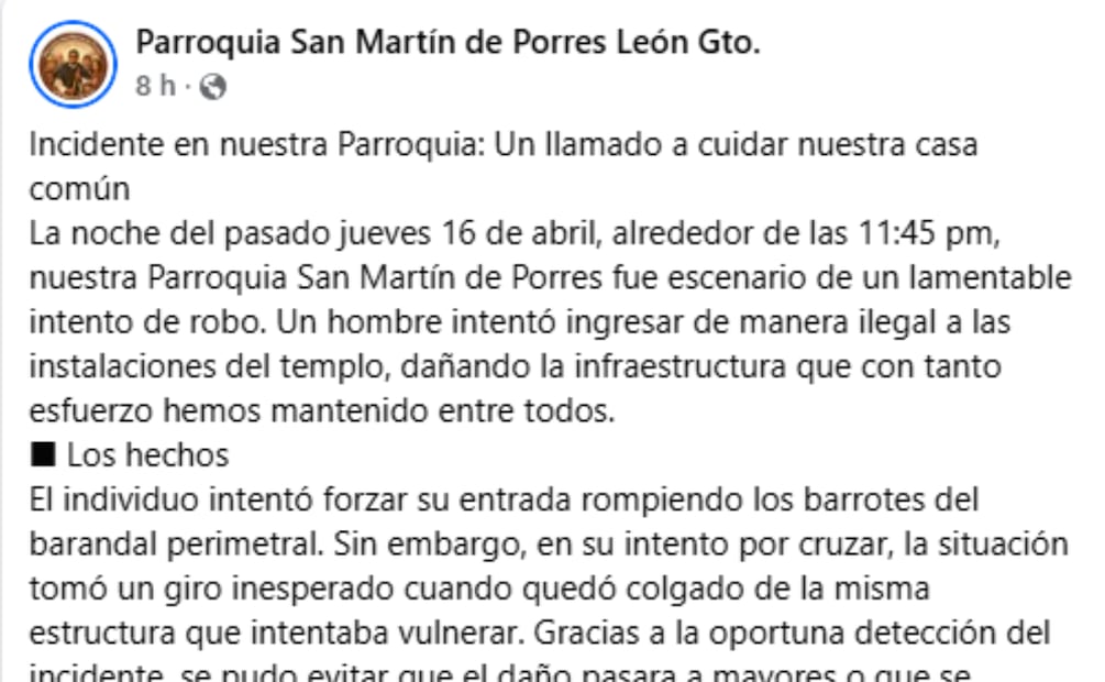 Comunicado de la parroquia, vía Facebook. | Foto: Especial.