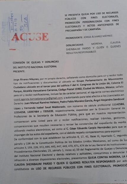 MC presenta queja ante INE contra Sheinbaum por actos anticipados de campaña