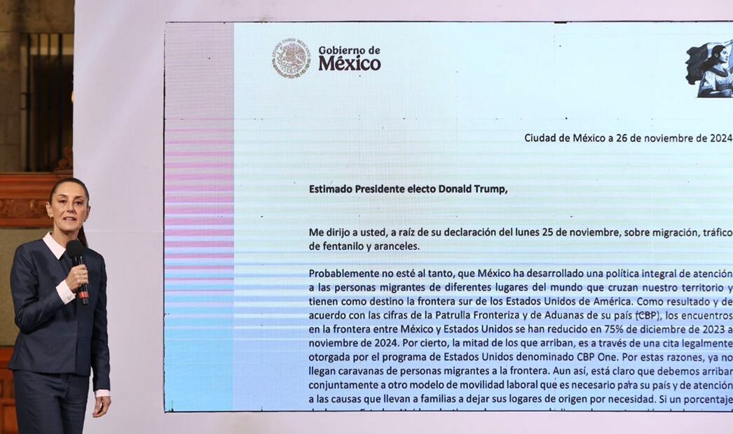 Al revelar una carta que le enviará este martes al próximo presidente de Estados Unidos, Donald Trump, La presidenta Claudia Sheinbaum señaló que no es con amenazas ni con aranceles que se atenderá el fenómeno migratorio ni el consumo de drogas en ese país. Foto: Berenice Fregoso/EL UNIVERSAL