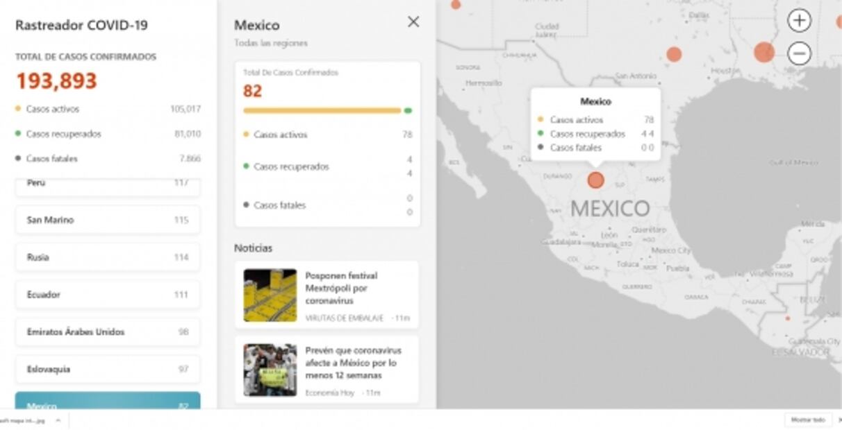 Microsoft crea mapa interactivo para seguir los pasos del coronavirus