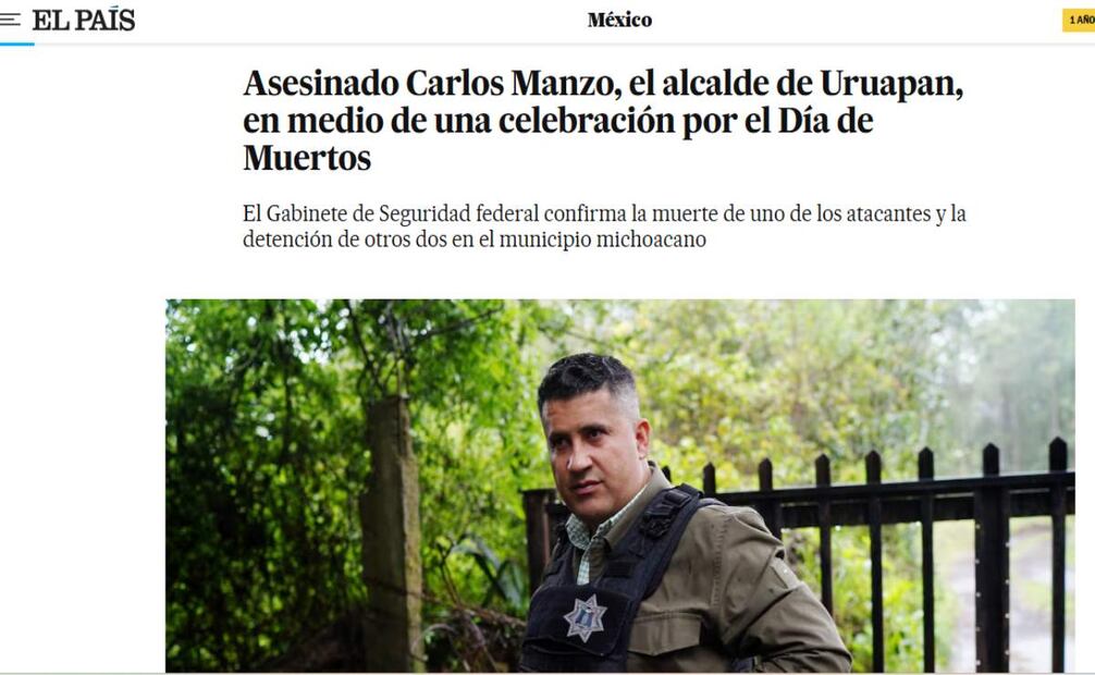 Cobertura de El País sobre el asesinato de Carlos Manzo. Foto: Captura de pantalla