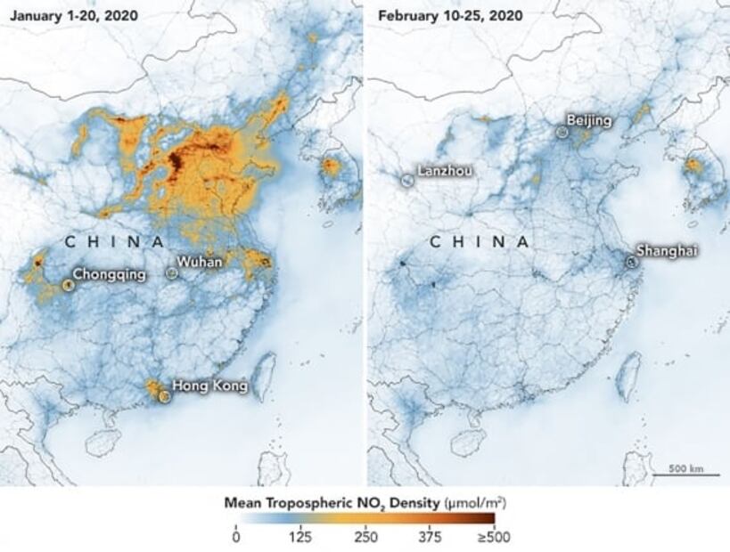 NASA revela caída de la contaminación en China por coronavirus