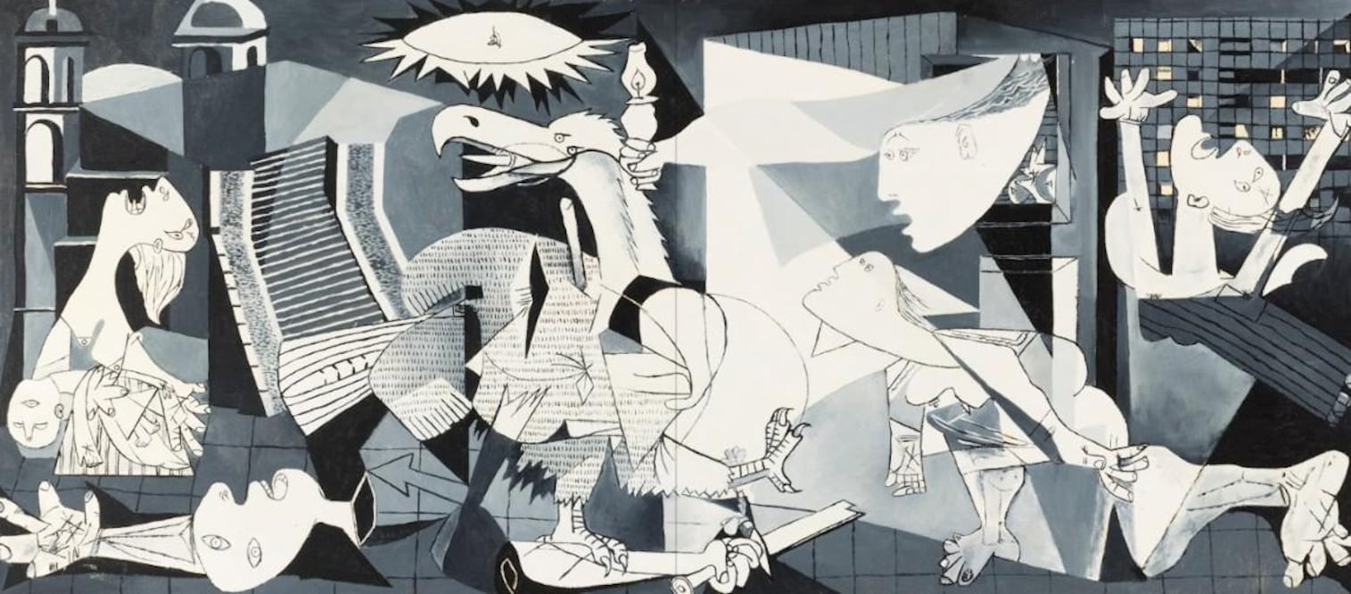La pieza Guernica- Tlatelolco (1971) . Acrílico sobre tela. 110 x 50 cm. Crédito: Del libro Fernando Sampietro. Un verdadero duchampiano que se hacía llamar Marcelo del Campo.