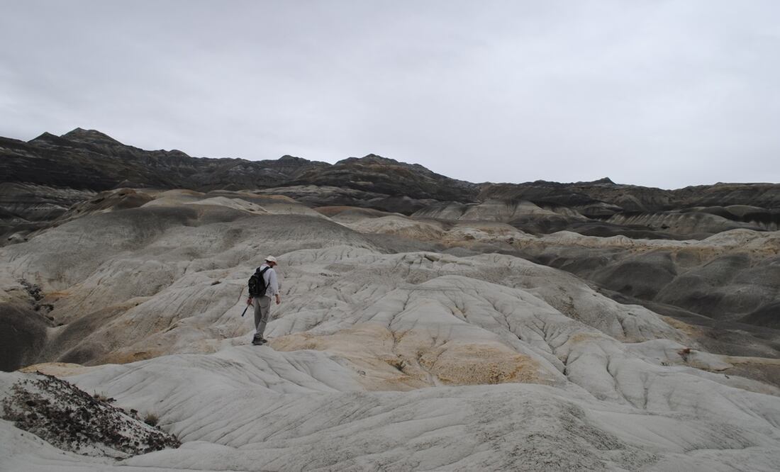 investigador recolecta huesos en la formación geológica Cerro Fortaleza, en Argentina. Foto: EFE