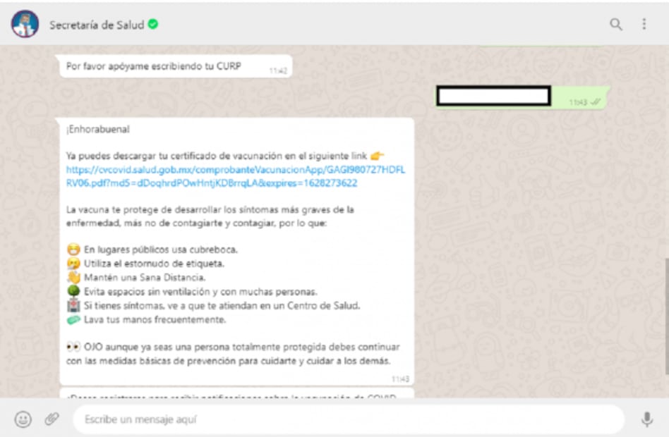 Cómo descargar el certificado Covid-19 por WhatsApp