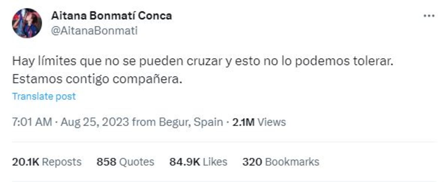 Tuit de Aitana Bonmantí, tras lo acontecido con Jennifer Hermoso y Luis Rubiales