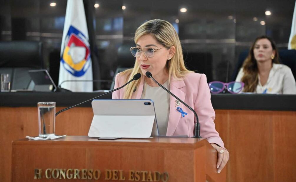 La diputada Karina Olivas Parras presenta iniciativa para quitar patria potestad a padres feminicidas (09/04/2025). Foto: Especial