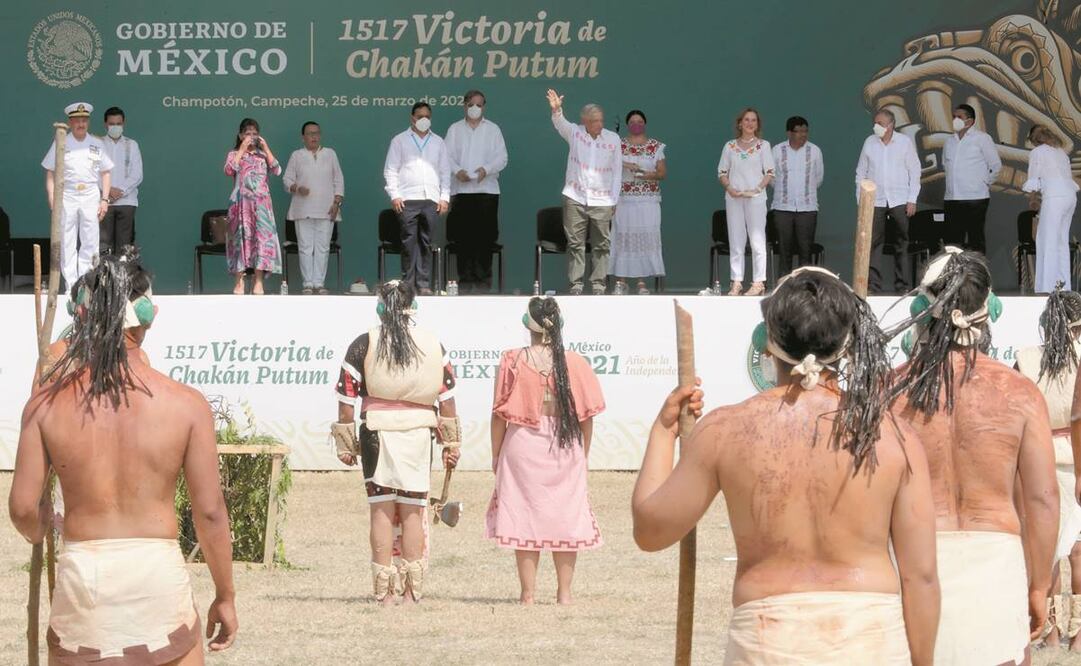 El presidente Andrés Manuel López Obrador, acompañado de su homólogo de Bolivia, Luis Alberto Arce; junto con el gabinete e invitados especiales, conmemoró los 504 años de la batalla de la “mala pelea o buena pelea” de Chakán Putum. Foto: Presidencia.
