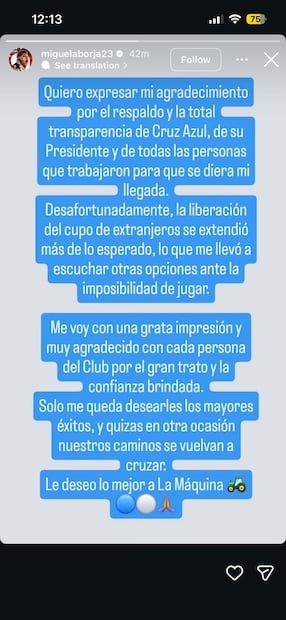 Mensaje de Borja en Instagram / Foto: @miguelaborja23 en Instagram