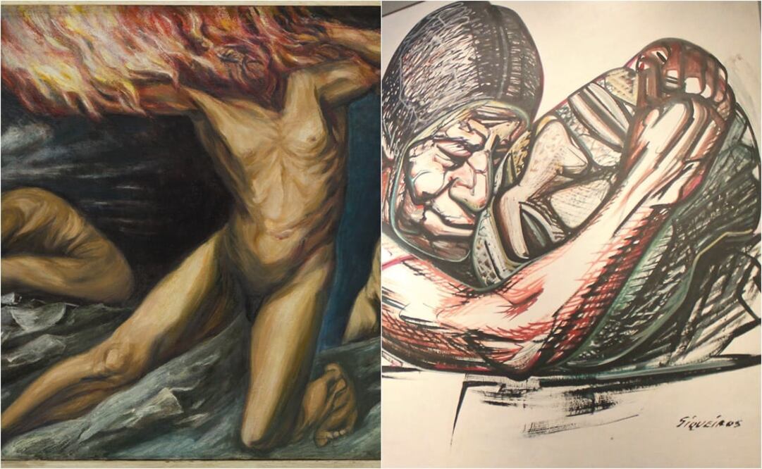 "Prometeo", Orozco (i). Foto: Archivo EL UNIVERSAL; "Cultura herida, recuperación de la cultura", Siqueiros. Foto (d). Lucía Flores/EL UNIVERSAL