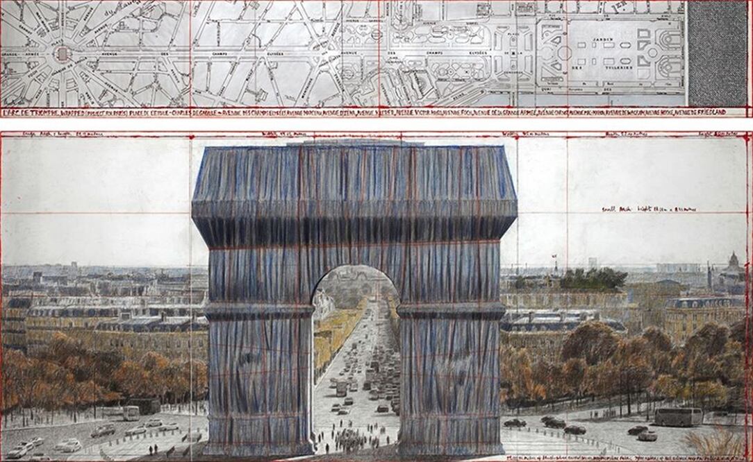 Boceto de la intervenciòn del artista Christo en el Arco del Triunfo. Imagen tomada del Facebook Christo and Jeanne-Claude Official