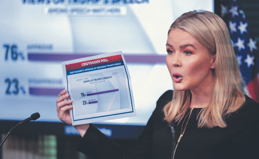 La vocera de la Casa Blanca, Karoline Leavitt, anunció ayer una exención de un mes para los vehículos que entren a Estados Unidos bajo las normas del T-MEC, a fin de que los fabricantes estadounidenses no sufran desventajas económicas, explicó. Foto: de SHAWN THEW. EFE