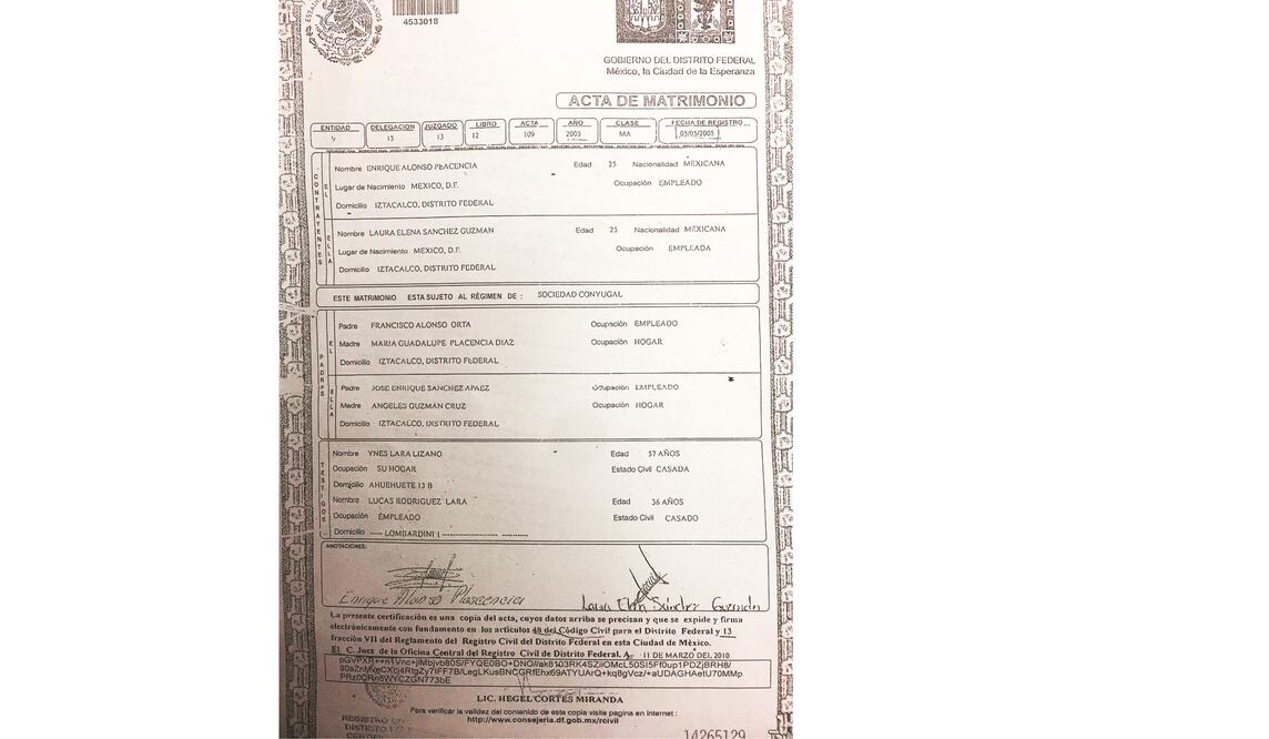 El acta aparece con el número 109, inscrita en el libro 12 y expedida en la delegación Iztacalco donde se señala que el 5 de mayo de 2005 Enrique Alonso Plascencia contrajo matrimonio con Laura Elena Sánchez Guzmán (ESPECIAL)