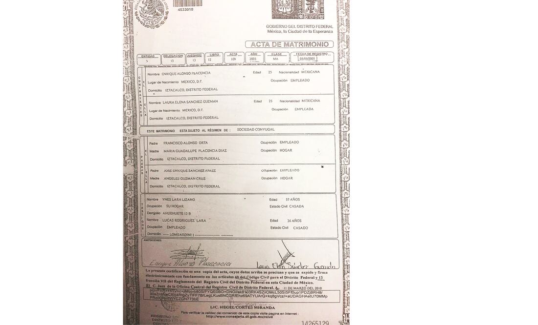 El acta aparece con el número 109, inscrita en el libro 12 y expedida en la delegación Iztacalco donde se señala que el 5 de mayo de 2005 Enrique Alonso Plascencia contrajo matrimonio con Laura Elena Sánchez Guzmán (ESPECIAL)