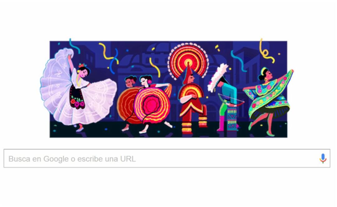 De tal forma, en la página de inicio del buscador, una imagen muestra a diversos bailarines, ataviados con trajes regionales típicos de México, quienes forman la palabra Google