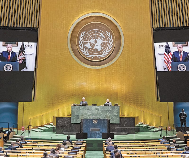 El presidente estadounidense, Donald Trump, ayer en un mensaje pregrabado ante la Asamblea General de la ONU en Nueva York, en la que, entre otros temas, destacó los acuerdos de Israel con Emiratos Árabes Unidos y Bahréin. AP