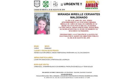 Activan Alerta Amber para localizar a Miranda Mireille en Azcapotzalco