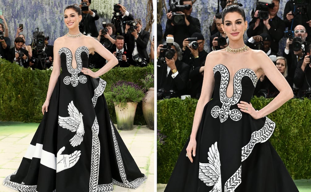 Anne Hathaway convierte la moda en poesía con un vestido pintado a mano. Foto: AP