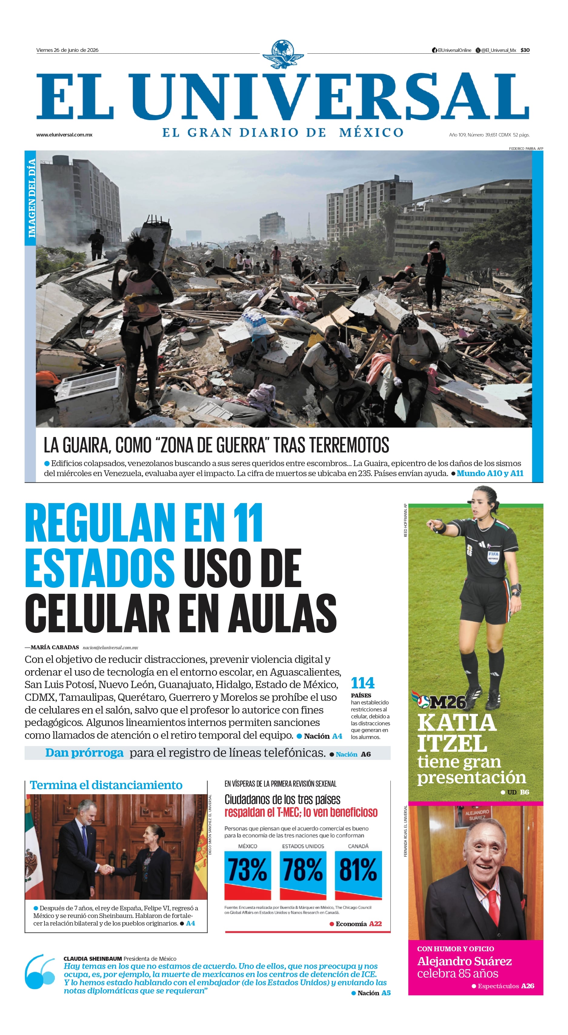 Portada impresa del 26 de junio de 2026