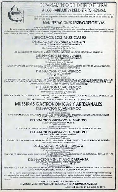 Anuncio del DDF para los “sitios de sana diversión” disponibles tras el partido México vs. Bulgaria. Foto: Hemeroteca EL UNIVERSAL.