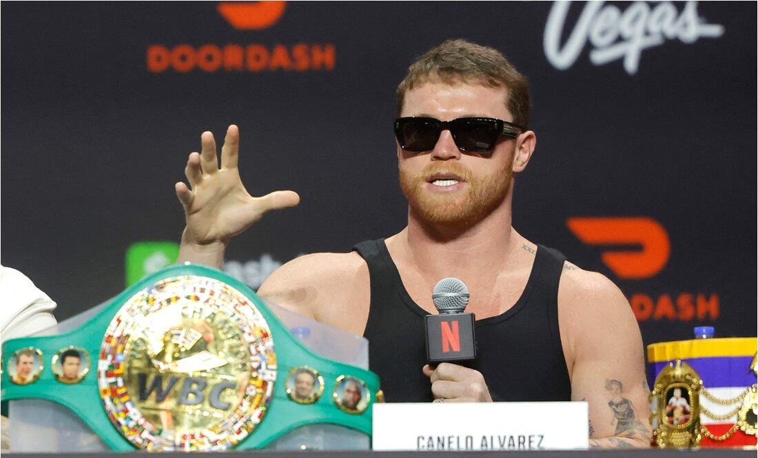 Canelo Álvarez en su última conferencia antes de pelear contra Terence Carawford. FOTO: AFP