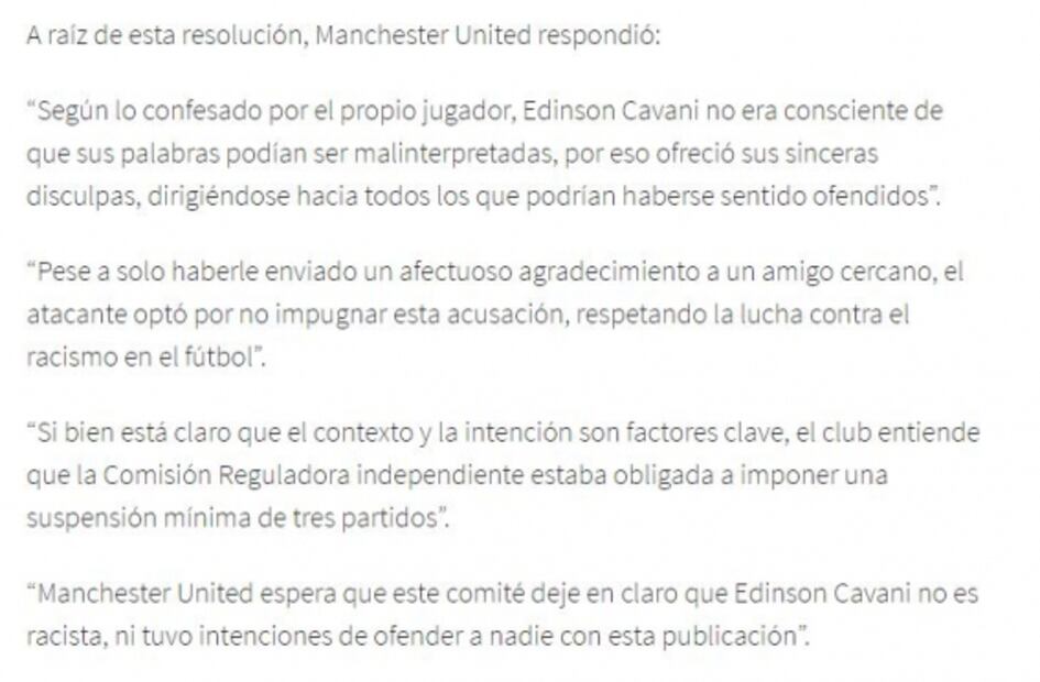 Polémica suspensión a Edinson Cavani por comentarios racistas