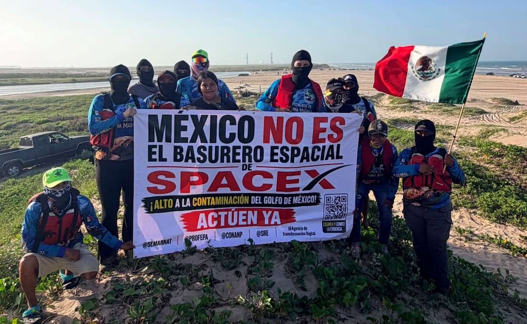 “México no es el basurero de Space X”: Conibio Global protesta en Playa Bagdad, en Matamoros, Tamaulipas. Foto: Instagram @eliasibarrardz