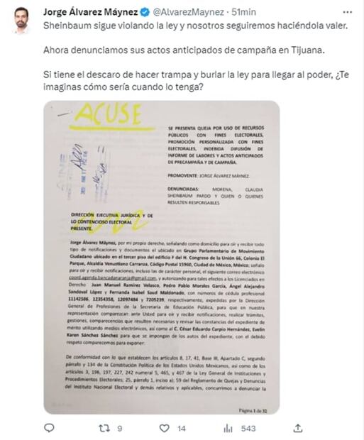 MC denuncia a Sheinbaum ante el INE por presuntos actos anticipados de campaña en Tijuana