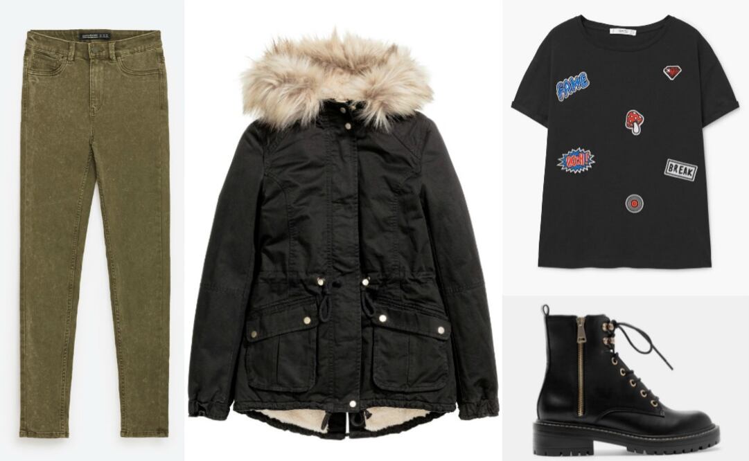 Parka H&M $749; Jeans Zara $499; Camiseta Mango $199; Botas Stradivarius $819