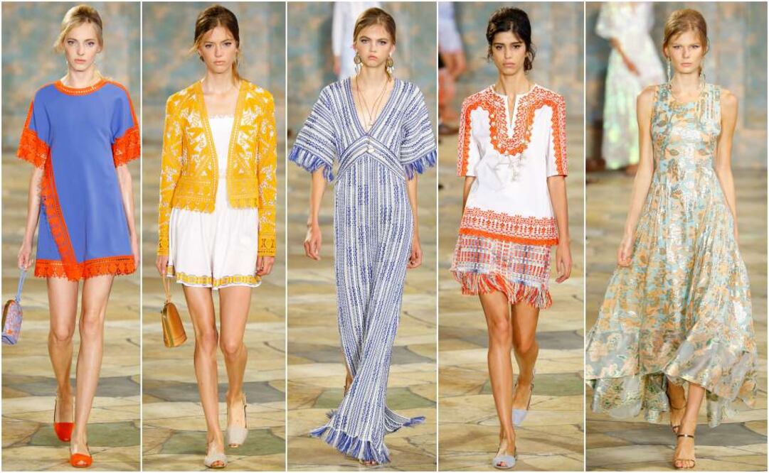 El desfile de Tory Burch destacó por la presencia de bordados, brocados y deshilados