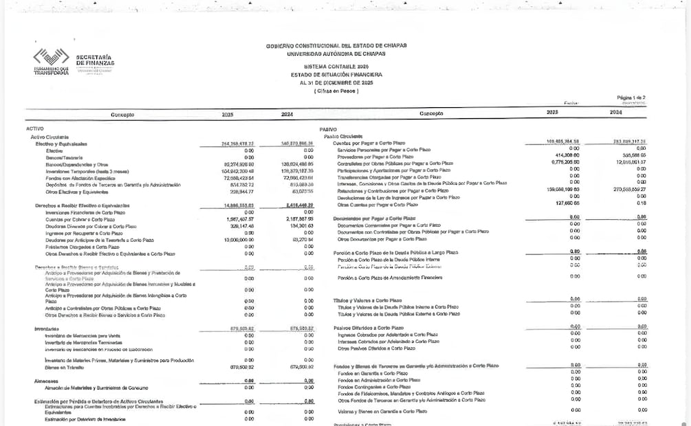 Además, las cuentas en efectivo y equivalente cayeron de 340.8 millones en el 2024 a 264.2 millones en el 2025, lo que representa una reducción de 76.6 millones de pesos en un solo año. | Foto: Documentos obtenidos a través de la PNT.