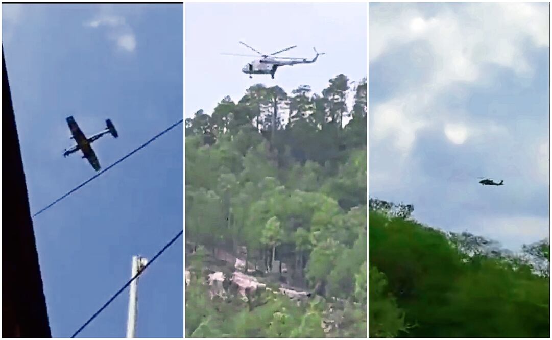 Pobladores de Badiraguato reportaron movimientos de tropas y sobrevuelos continuos de aviones y helicópteros militares. Foto: Tomadas de video