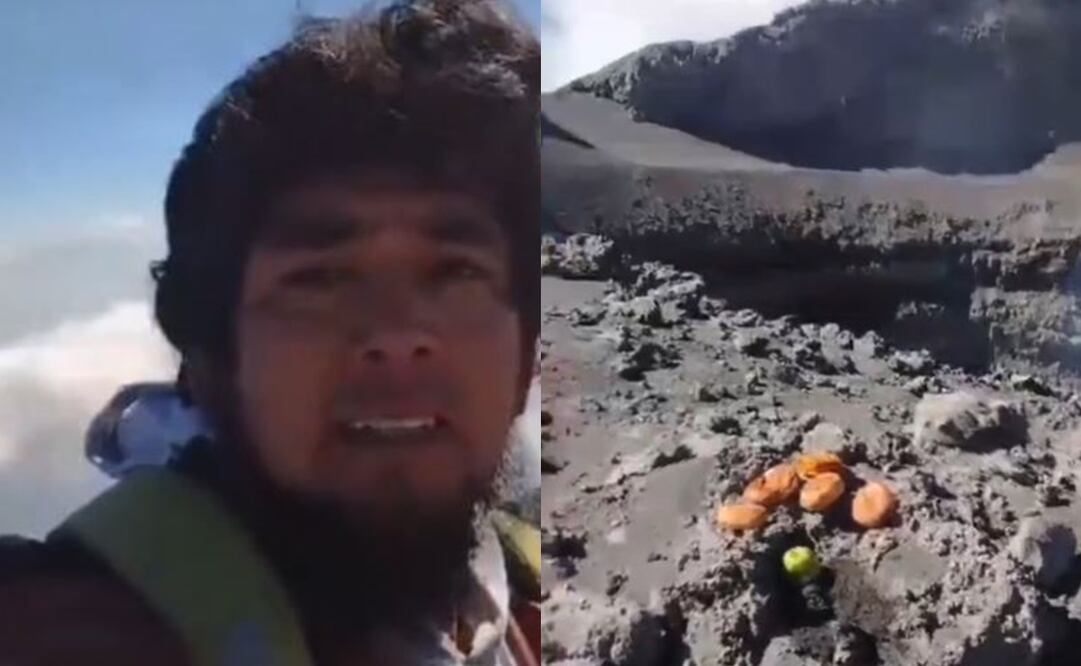Hombre sube hasta el cráter del volcán Popocatépetl para llevar ofrenda. Foto: Captura de video