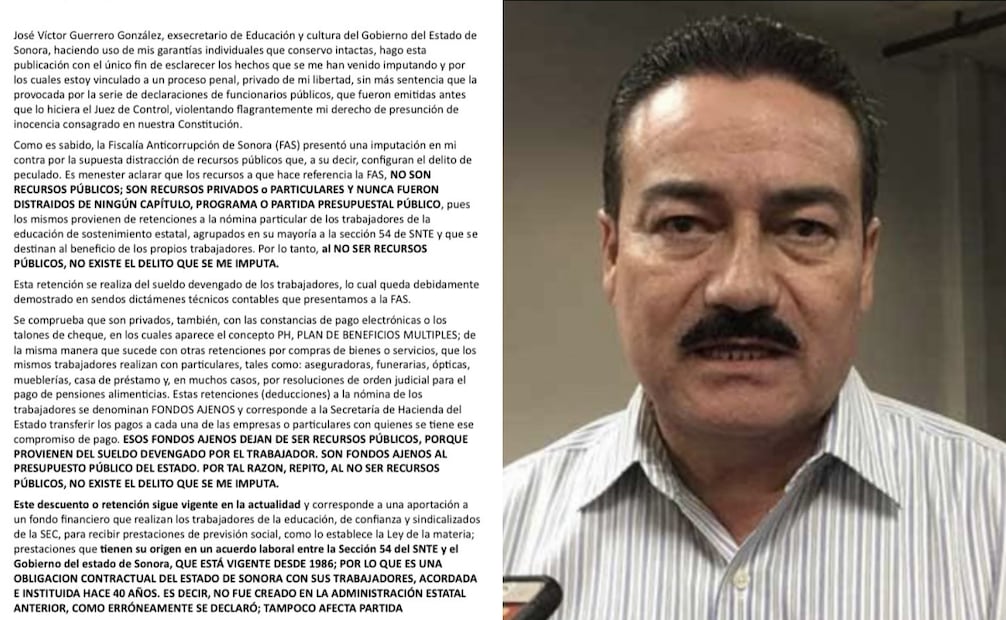 Carta pública dirigida a la opinión pública de Víctor Guerrero, ex titular de la SEC en Sonora (07/01/2026). Foto: Especial