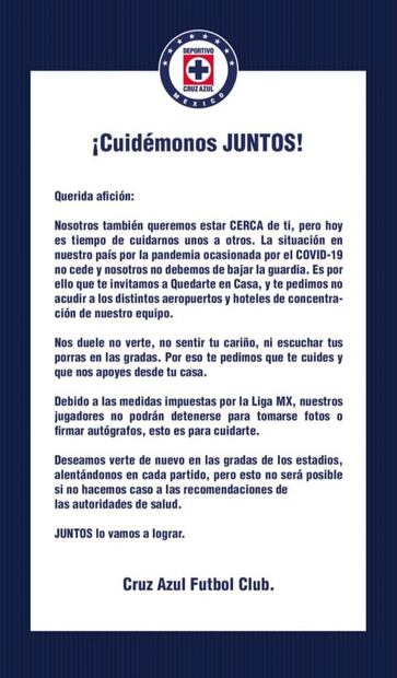 Cruz Azul pide a sus aficionados no ir a los hoteles de concentración