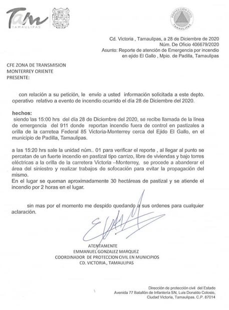 Protección Civil de Tamaulipas desmiente oficio de CFE sobre incendio previo a apagón