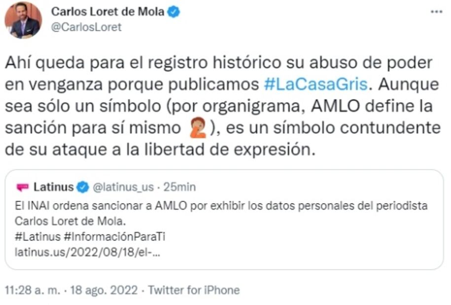 Loret de Mola reacciona a sanción del Inai contra AMLO por exhibir sus datos personales en una mañanera