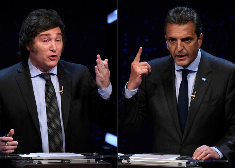 Javier Milei y Sergio Massa, candidatos a la presidencia argentina, protagonizaron una serie de duras acusaciones durante el último debate preelectoral con vistas a la segunda vuelta del 19 de noviembre. Foto: AFP