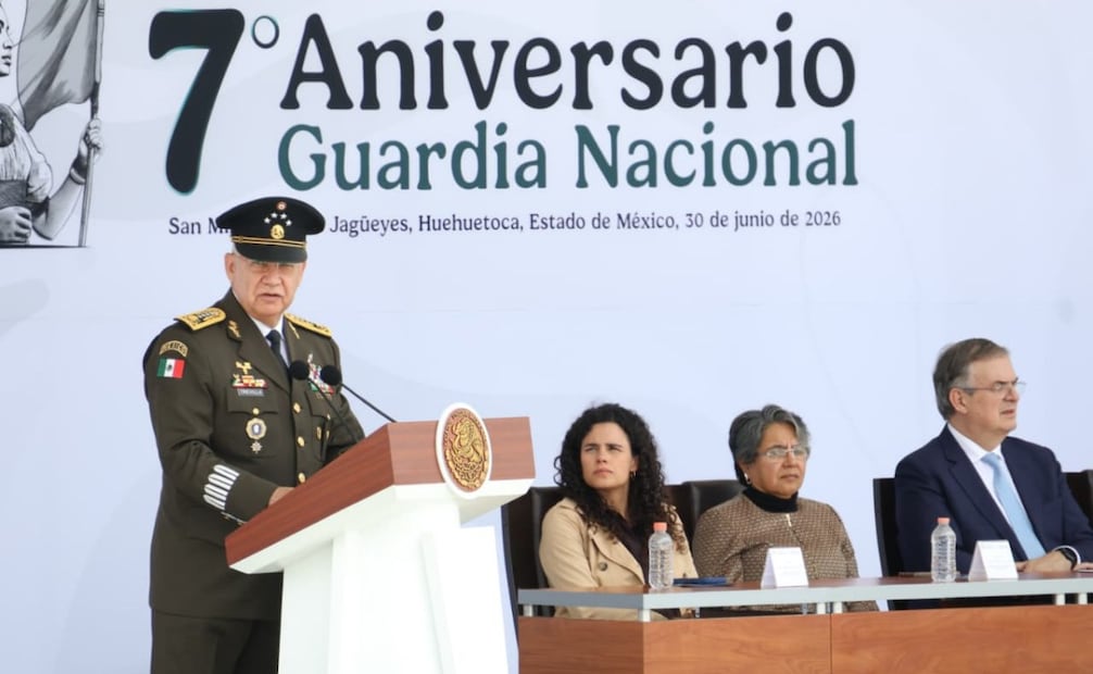 La presidenta Claudia Sheinbaum encabeza la ceremonia del Séptimo Aniversario de la Guardia Nacional, en las instalaciones del Centro de Capacitación Especializada de la Guardia Nacional, ubicado en el Campo Militar 37- C (30/06/2026). Foto: Karla Guerrero/ EL UNIVERSAL