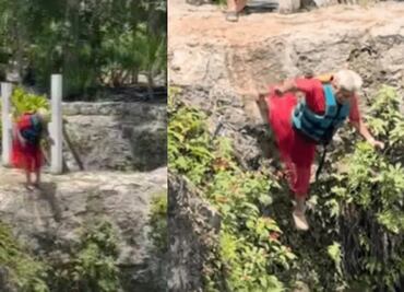 Abuelita valiente se echa clavado en cenote y rompe el Internet