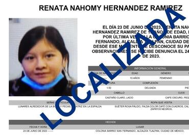 Localizan a Renata Nahomi, menor desaparecida después de que salió de su escuela en Tlalpan