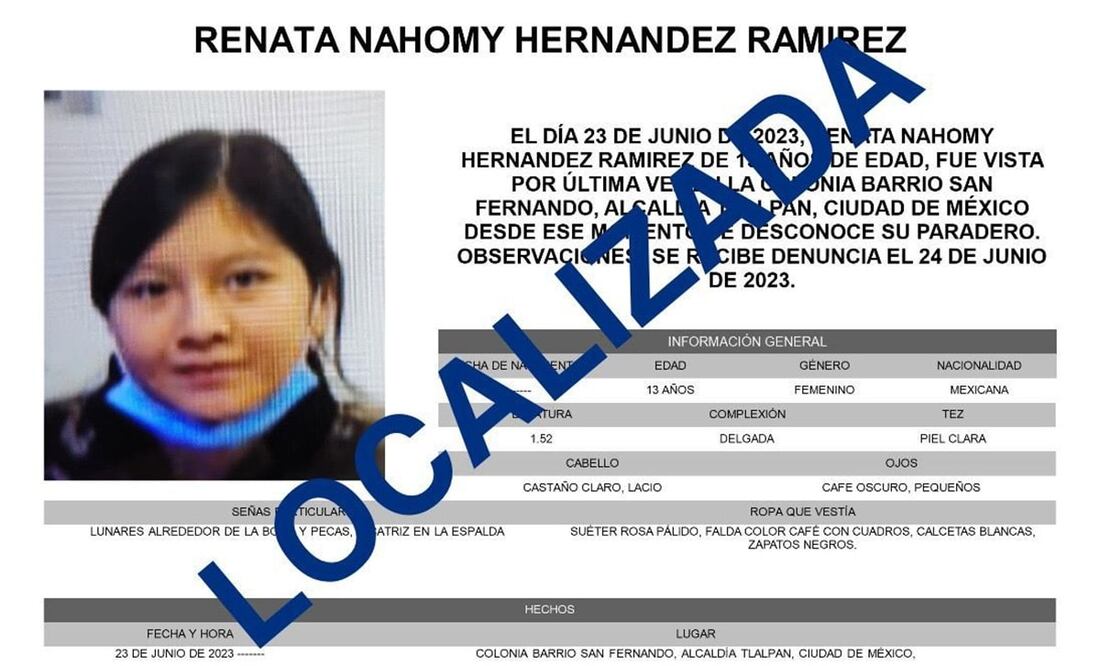 Renata Nahomi regresó sana y salva a casa. Foto: Especial