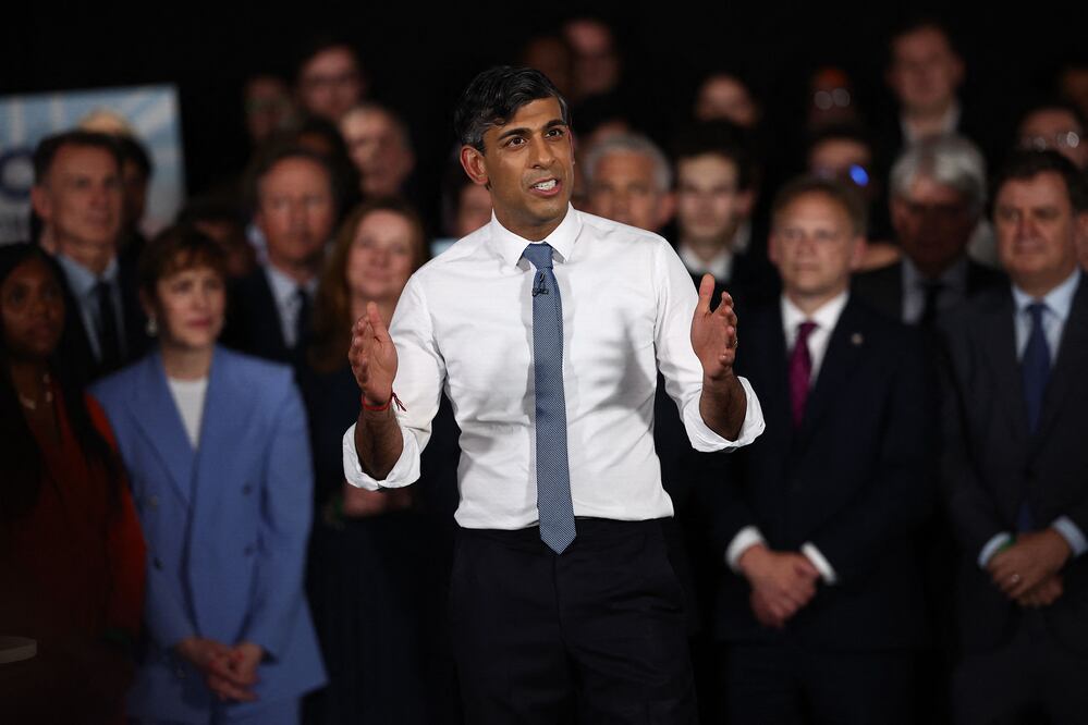 Rishi Sunak, habla durante un evento de campaña electoral general en el ExCeL en el este de Londres. Foto: AFP