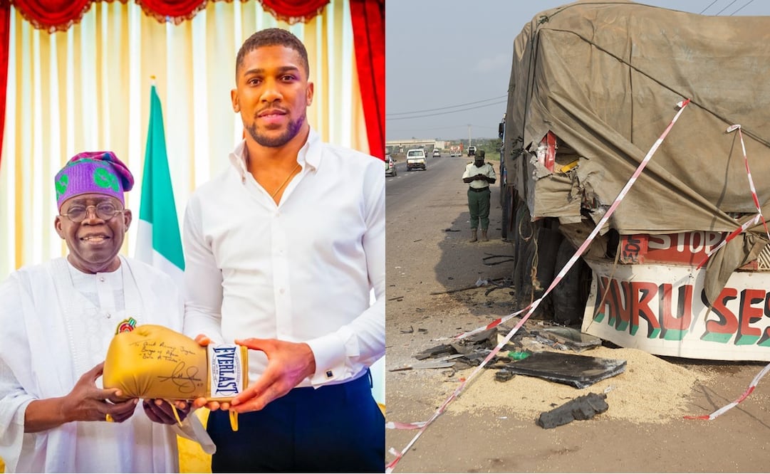 Bola Ahmed Tinubu, presidente de Nigeria, junto con el boxeador Anthony Joshua/ Escena del accidente automovilístico en Ogun - Fotos: @officialABAT en X y EFE