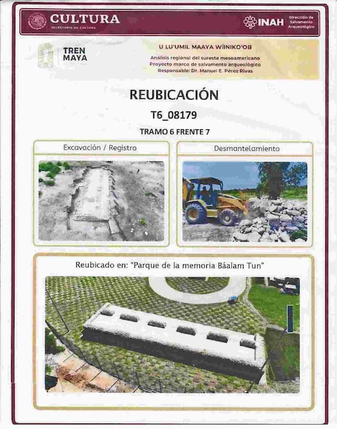Ficha de los trabajos de remoción, en donde se muestra la mutilación de una estructura maya. Fotos: Informe elaborado por la Comisión de Protección al Patrimonio Arqueológico