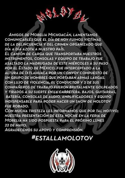 Roban instrumentos y equipo a Molotov en Edomex