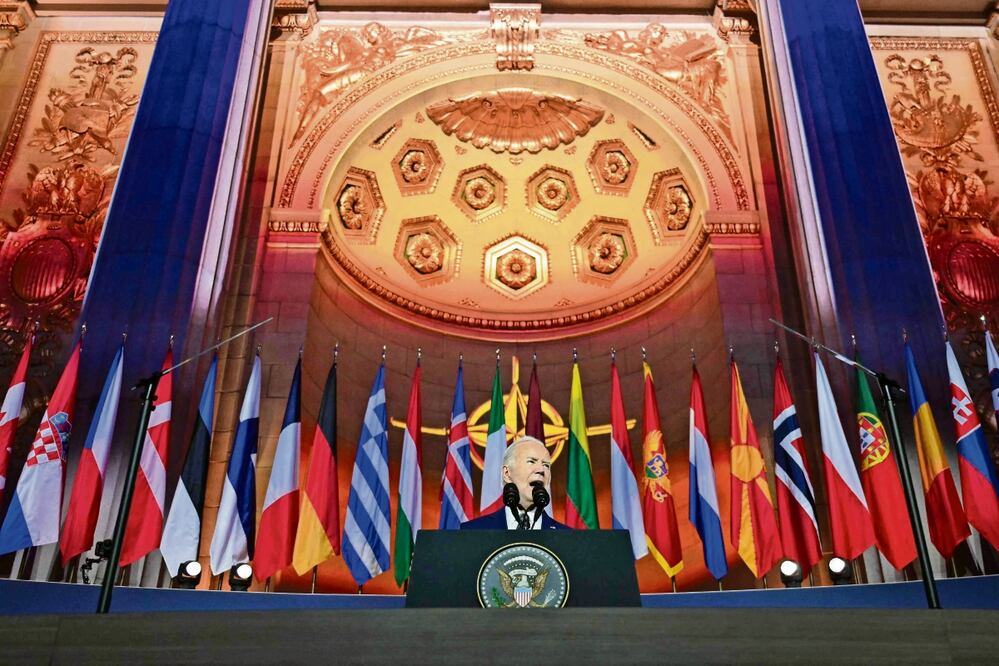 El presidente de Estados Unidos, Joe Biden, durante la celebración por el 75 aniversario de la OTAN, en el Auditorio Mellon de Washington. Jim Watson | AFP