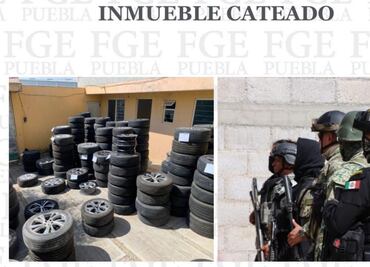 Catean dos inmuebles en Puebla; aseguran casi 300 llantas con rines de alta gama y autopartes robadas