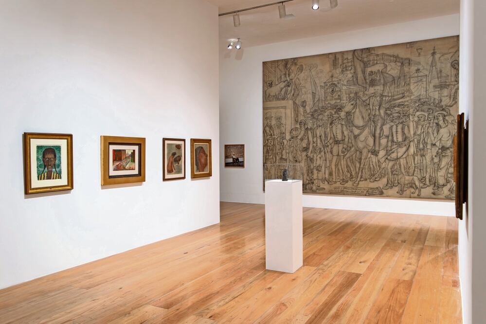 El estudio del mural del Castillo de Chapultepec Retablo de la Revolución, hecho por el artista Juan O’Gorman en papel y carboncillo (mide 4.50 por 6.35 metros), en un muro del Museo de Arte Contemporáneo de Monterrey (MARCO). Foto: Museo MARCO