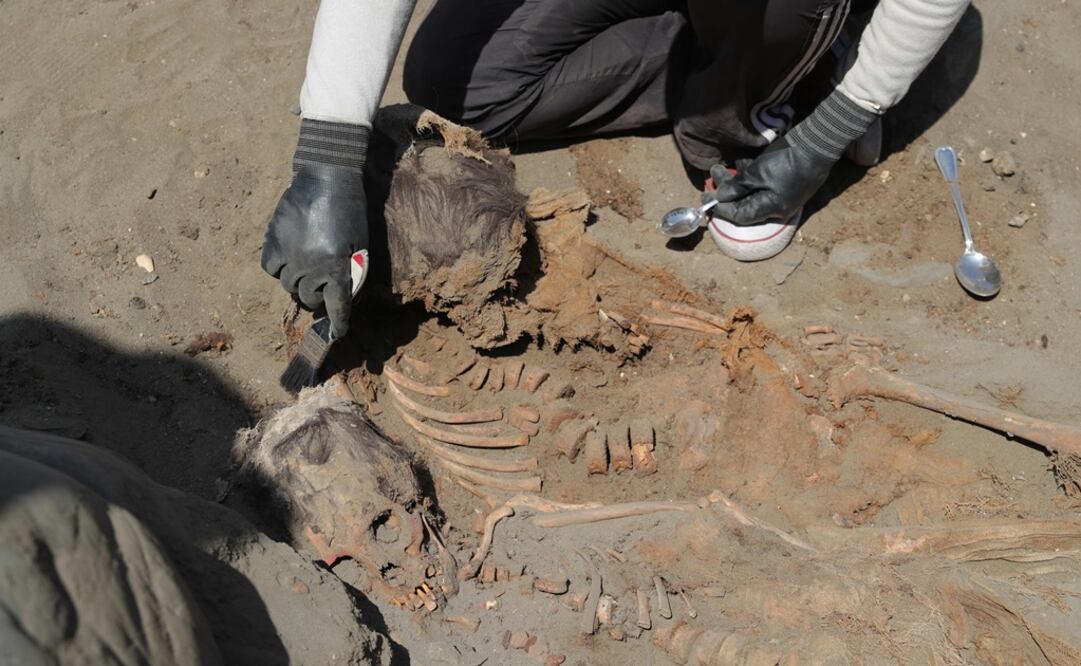 Arqueólogos limpian restos óseos en una excavación en Pampa La Cruz, asentamiento arqueológico precolombino. Foto: EFE/Ernesto Arias 